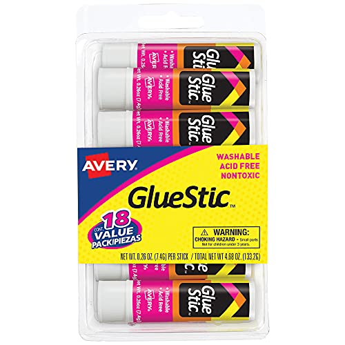 Avery Glue Stic Value Pack, White, Washable, Nontoxic, 0.26 oz., 18 Permanent Glue Sticks (98089)