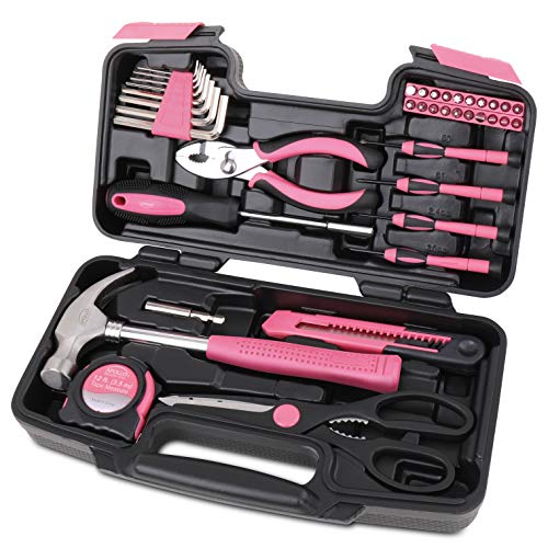 Apollo Tools Original 39 Piece General Household Tool Set in Toolbox Storage Case with Essential Hand Tools for Everyday Home Repairs, DIY and Crafts – Pink Ribbon – Pink – DT9706P