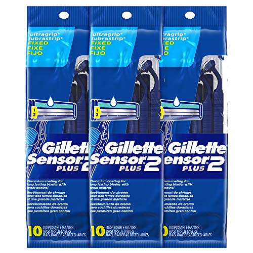 Gillette Sensor2 Plus Fixed Men’s Disposable Razor, 10 Count (Pack of 3) Blue