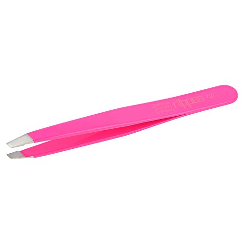 Nippes Stainless Steel Slant Pink Tweezers – Precision Pointed Slant – Quality Handmade in Solingen Germany – Professional Grade – Ergonomic Hand Grip – for Eyebrows, Eyelashes, Extensions [9.5 CM]