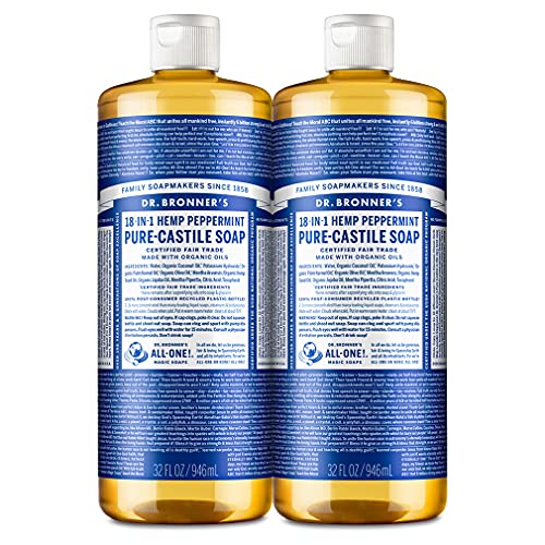 Dr. Bronner’s – Pure-Castile Liquid Soap (Peppermint, 32 ounce, 2-Pack) – Made with Organic Oils, 18-in-1 Uses: Face, Body, Hair, Laundry, Pets and Dishes, Concentrated, Vegan, Non-GMO