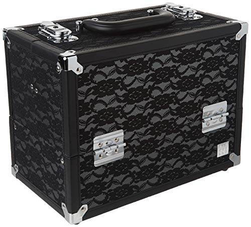 Caboodles Make Me Over 4 Tray Train Case, Cosmetic Storage Case & Organizer, Black Lace, 3.5 Lb