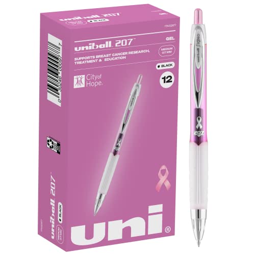 Uni-ball 207 Pink Ribbon Retractable Gel Pens, 0.7mm Medium Gel Pen 12 Pack, Black Ink Pens, Colored Pens, Fine Point Smooth Writing Pens, Office Supplies Similar to Black Pens & Ballpoint Pens