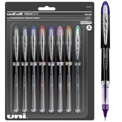 uniball Vision Elite Rollerball Pens with 0.5mm Micro Point Pen Tips, Assorted, 8 Count – Uni-Super Ink is Smooth, Vibrant, and Protects Against Water, Fading, and Fraud