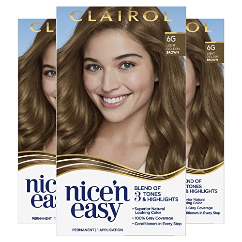 Clairol Nice’n Easy Permanent Hair Dye, 6G Light Golden Brown Hair Color, Pack of 3