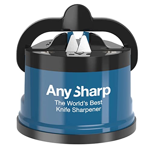 AnySharp Essentials – Knife Sharpener with PowerGrip – For Knives and Serrated Blades – Blue