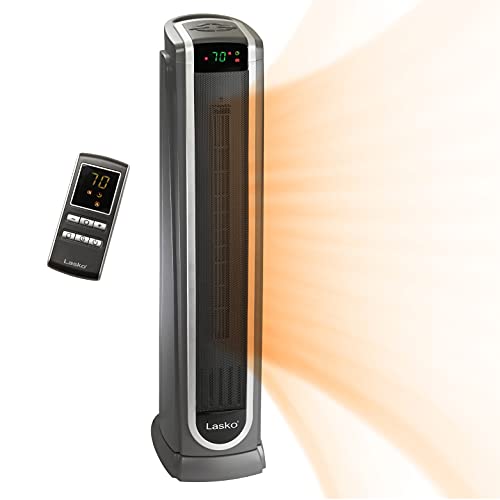 Lasko Ceramic Tower Space Heater with Logic Center Digital Remote Control-Features Built-in Timer and Oscillation, 7.3″L x 9.2″W x 29.75″H, Black 5572