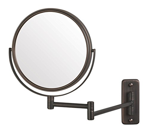 Jerdon Two-Sided Wall-Mounted Makeup Mirror – Makeup Mirror with 5X Magnification & Wall-Mount Arm – 8-Inch Diameter Mirror with Bronze Finish Wall Mount – Model JP7506BZ