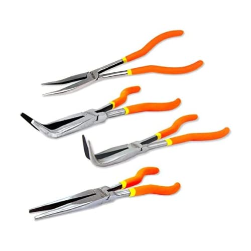 NEIKO 02105A Long Nose Plier | 4 Needle Nose Pliers Set | 11” Long Reach | Straight Angle Curved Pliers | 45 & 90 Degree
