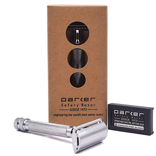 Parker Safety Razor, 91R Double Edge Safety Razor – Three-Piece Heavyweight Safety Razor with Brass Frame & Chrome Plated Knurled Handle –5 Premium Parker Platinum Double Edge Razor Blades Included