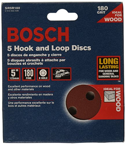 BOSCH SR5R180 5-Piece 180 Grit 5 In. 8 Hole Hook-And-Loop Sanding Discs