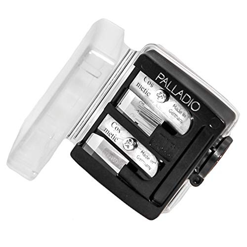 Palladio Double Barrel 3 in 1 Cosmetic Pencil Sharpener with Cover, Stainless Steel Blade, Size Adjuster, Essential for Small and Extra Large Lip Liner, Eyeliner, Brow Pencils