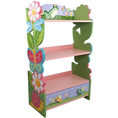 Fantasy Fields Kids Bookshelf, Colorful Kids Wooden Bookshelf with 3 Shelves, 2 Storage Drawers, & Wall Mount, Hand-Carved & Painted, Magic Garden Collection, Multicolor