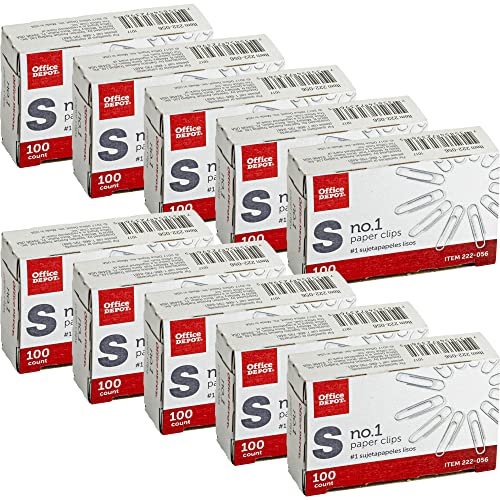 Office Depot® Brand Paper Clips, No. 1 Regular, Silver, 100 Clips Per Box, Pack Of 10 Boxes