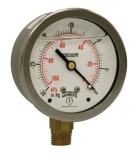 Winters Instruments – PFQ801 -801 PFQ Series Stainless Steel 304 Dual Scale Liquid Filled Pressure Gauge with Brass Internals, 30″Hg Vacuum/kpa, 2-1/2″ Dial Display, +/-1.5% Accuracy, 1/4″ NPT Bottom Mount