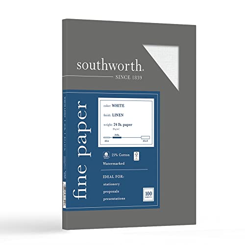 Southworth 25% Cotton Business Paper, 8.5” x 11″, 24 lb/90 gsm, Linen Finish, White, 100 Sheets – Packaging May Vary (P554CK)