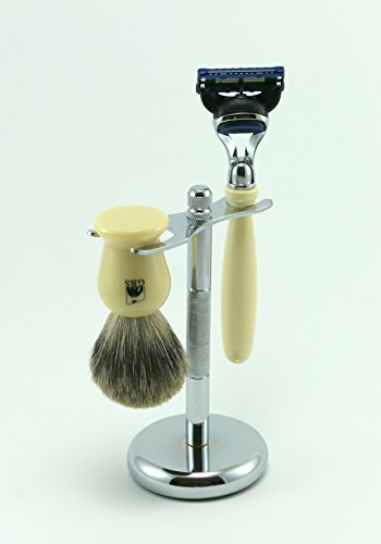 G.B.S Men’s Premium Grooming Set- Ivory 5 Blade Compatible Razor, 100% Pure Badger Brush with Ivory Handle, Chrome Brush and Razor Stand Daily Base for Men’s Grooming Stylish Design