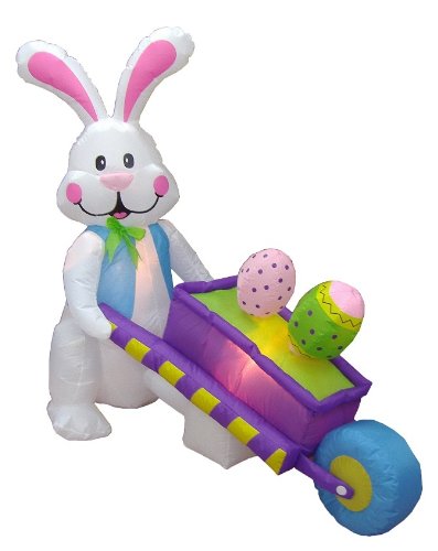 4 Foot Tall Easter Inflatable Happy Bunny Rabbit Pushing Wheelbarrow with Two Eggs Pre-Lit LED Lights Outdoor Indoor Holiday Blow up Lighted Yard Lawn Home Family Outside Decor Party Decoration
