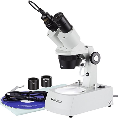 AmScope SE306R-AZ-E1 Digital Forward-Mounted Binocular Stereo Microscope, WF10x and WF20x Eyepieces, 20X/40X/80X Magnification, 2X and 4X Objectives, Upper and Lower Halogen Lighting, Reversible Black/White Stage Plate, Arm Stand, 120V, Includes 1.3MP Cam