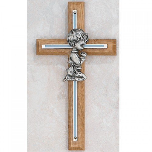 Blue Boys Wall Cross Oak Baby Infant Christening Baptism Shower Made in the USA