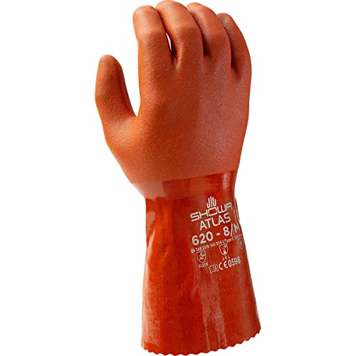 SHOWA – 620L-09 Atlas 620 Fully Coated Double-Dipped PVC Glove, Seamless Knitted Liner, Chemical Resistant, 12″ Length, Large (Pack of 12 Pairs)