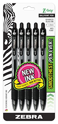 Zebra Pen Z-Grip Retractable Ballpoint Pen, Medium Point, 1.0mm, Black Ink – 5 Pieces (22215)