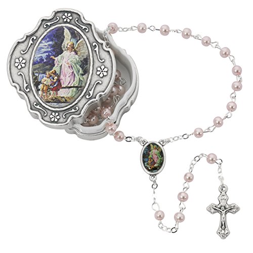 Guardian Angel Pink Rosary with Box Baptism Christening Communion Gift