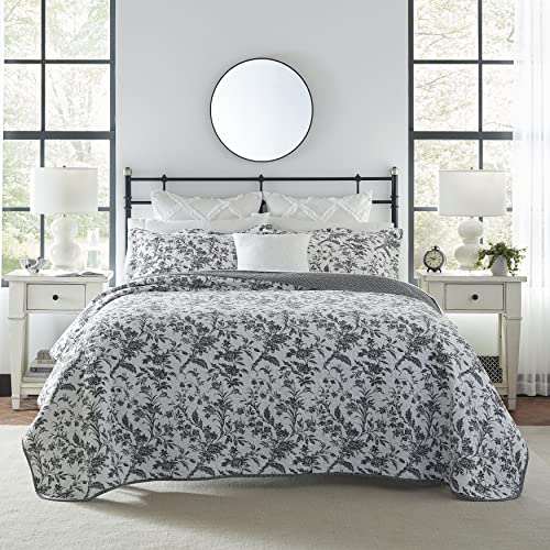 Laura Ashley Amberley Quilts Cotton Reversible Bedding with Matching Shams, Home Decor for All Seasons, King, Black/White