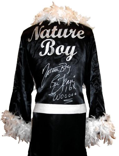 Ric Flair Signed Black Robe & White Feathers w/Nature Boy, 16x & Wooooo Inscription – Autographed Wrestling Robes, Trunks and Belts