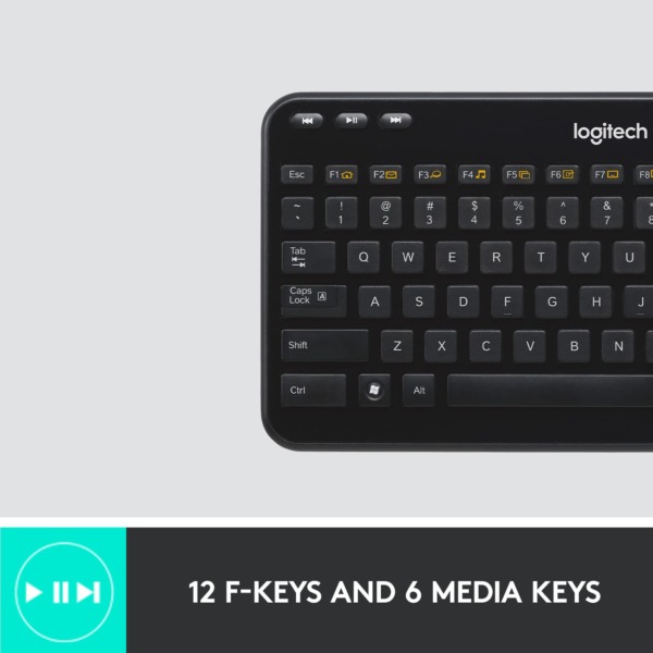 Logitech K360 Wireless USB Desktop Keyboard — Compact Full Keyboard, 3-Year Battery Life (Glossy Black)