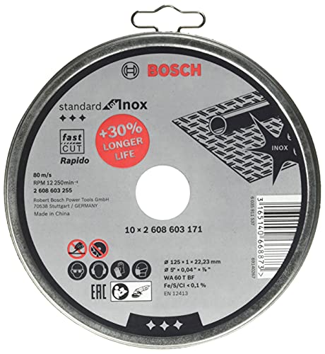 Bosch 2608603255 WA60TBF Inox Cutting Disc, 125mm x 1mm x 22.23mm, White, Pack of 10