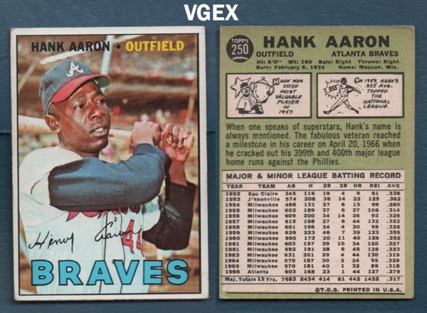 1967 Topps Regular (Baseball) Card# 250 Hank Aaron of the Atlanta Braves VGX Condition
