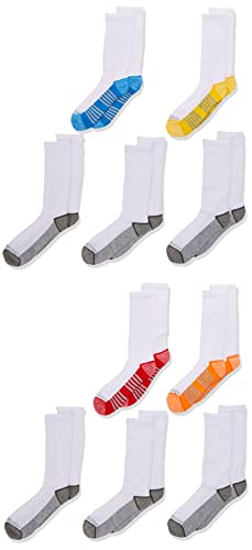 Fruit of the Loom Big Boys’ 10 Pack Crew Socks, White/Gray/ Blue/ Green/ Orange/Red, Shoe Size: 3-9