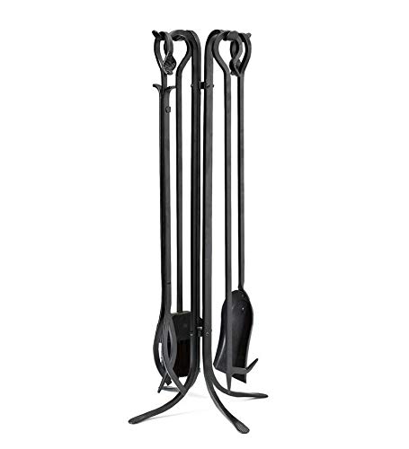 Plow & Hearth Tall 5 Piece Hand Forged Iron Fireplace Tool Set with Poker, Tongs, Shovel, Broom, and Stand 7-in Diam. x 32.5 H Black