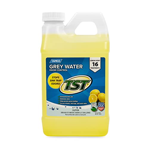 Camco TST Lemon Scent RV Grey Water Odor Control, Stops Sink Trap Odors, For Use In Drains, Sink Traps and Waste Vents, Treats up to 16 – 40 Gallon Holding Tanks (64 Ounce Bottle)