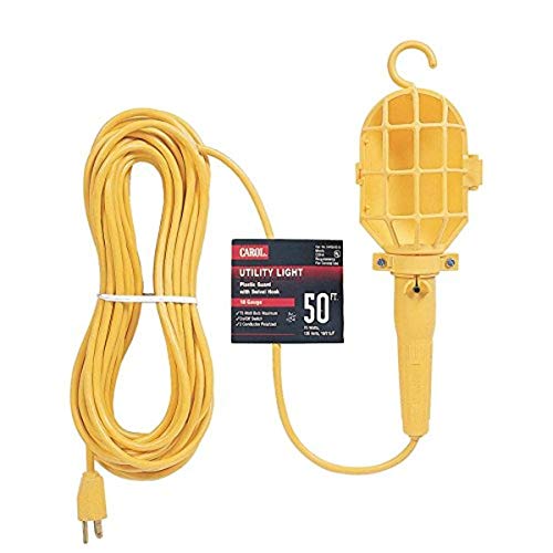 Plastic Guard Utility Light, 16 AWG, 3-Conductor Grounded, 50′ Cord Length, Yellow Jacket, 125 Volts, 13 Amps, 1650 Watts, Type SJT, UL Listed, for Temporary Lighting