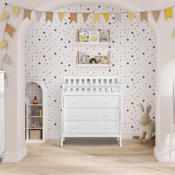 Dream On Me Marcus Changing Table And Dresser In White, Features 3 Spacious Drawers, Non-Toxic Finishes, Comes With 1″ Changing Pad, Made Of Solid Wood