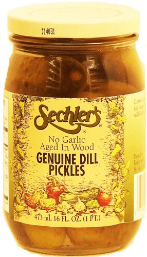 Sechler’s genuine dill pickles, no garlic, aged in wood