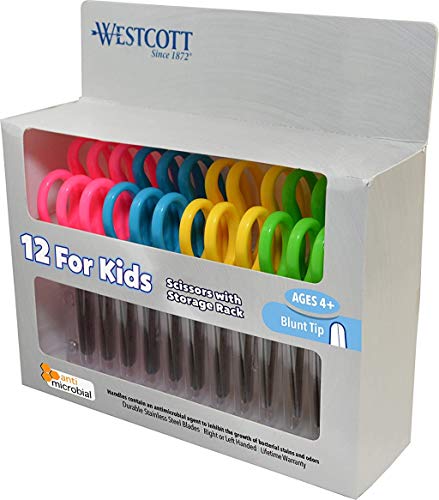 Westcott 14871 Right- and Left-Handed Scissors, Kids’ Scissors, Ages 4-8, 5-Inch Blunt Tip, Assorted, 12 Pack