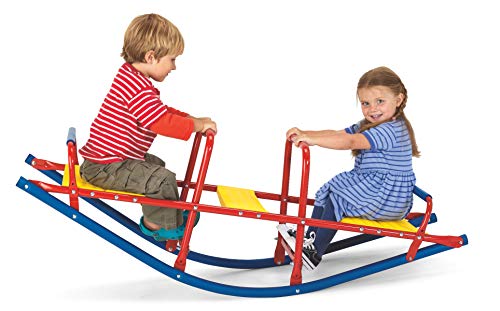 Kid’s Metal Rocking Seesaw Teeter Totter with Handlebars, Weather Resistant Backyard Playground Equipment, Max Weight 140 lbs