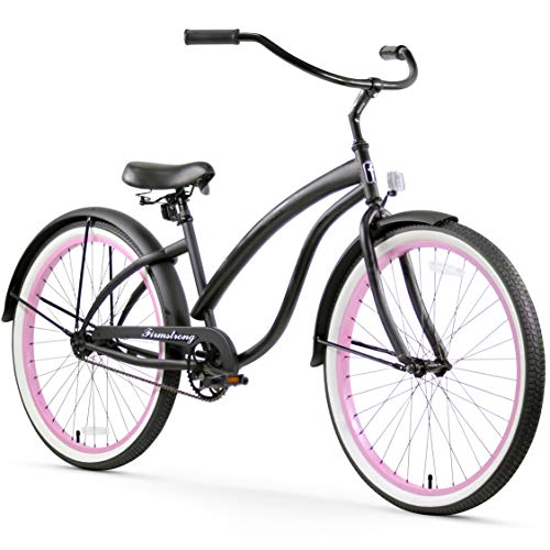 Firmstrong Bella Fashionista Single Speed Beach Cruiser Bicycle, 26-Inch, Matte Black/Pink Rims,15129