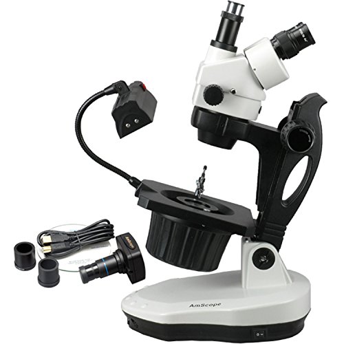 AmScope GM400TZ-10M Digital Trinocular Gemology Stereo Zoom Microscope, WH10x Eyepieces, 3.5X-90X Magnification, 0.7X-4.5X Zoom Objective, Halogen and Fluorescent Lighting, Inclined Pillar Stand, 110V-120V, Includes 0.5X and 2.0X Barlow Lenses, 10MP Camer