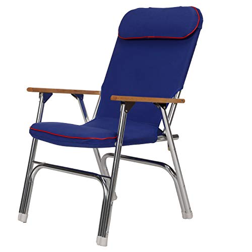 Seachoice High-Back Canvas Folding Chair, Blue w/Red Trim, Folds for Easy Storage