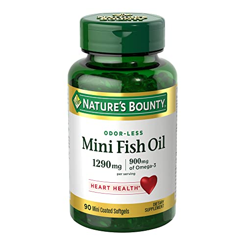 Nature’s Bounty Mini Fish Oil Softgels 1290 mg, Omega-3, Supports Heart Health, Odor-Less, 90 Mini Coated Softgels