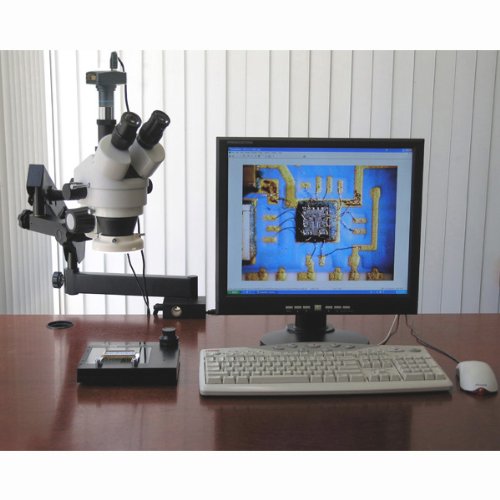 AmScope SM-6TPZ-64S-5M Digital Professional Trinocular Stereo Zoom Microscope with Simultaneous Focus Control, WH10x Eyepieces, 3.5X-90X Magnification, 0.7X-4.5X Zoom Objective, 64-Bulb LED Ring Light, Clamping Articulating Arm Stand, 110V-240V, Includes