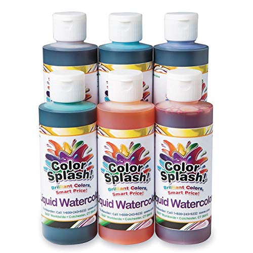 S&S Worldwide Color Splash! Liquid Watercolor Paint, 6 Vivid Colors, 8-oz Flip-Top Bottles, for All Watercolor Painting, Use to Tint Slime, Clay, Glue, Shaving Cream, Non-Toxic. Pack of 6.