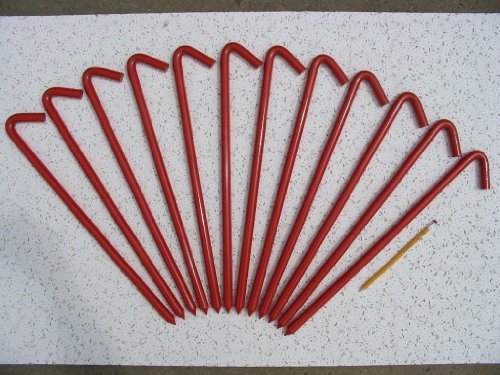 A 12 Pack of 18″ long steel Hook Style Inflatable or Tent Stakes (Red)
