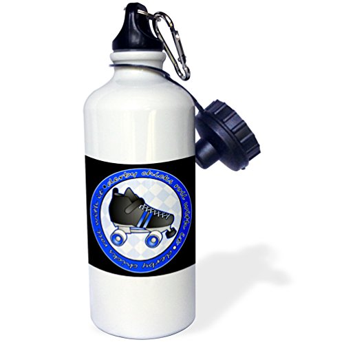 3dRose “Derby Chicks Roll With It Blue and Black with Black Roller Skate” Sports Water Bottle, 21 oz, White