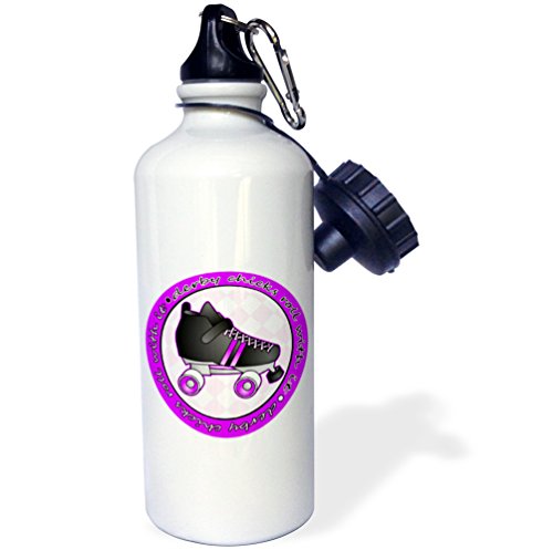 3dRose “Derby Chicks Roll With It Purple and White with Black Roller Skate” Sports Water Bottle, 21 oz, White