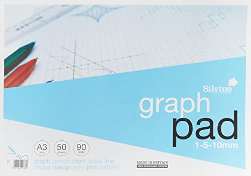 Silvine A3 Graph Pad. 50 Sheets of Quality 90gsm Paper, Printed 1-5-10mm Graph. Ref A3GP